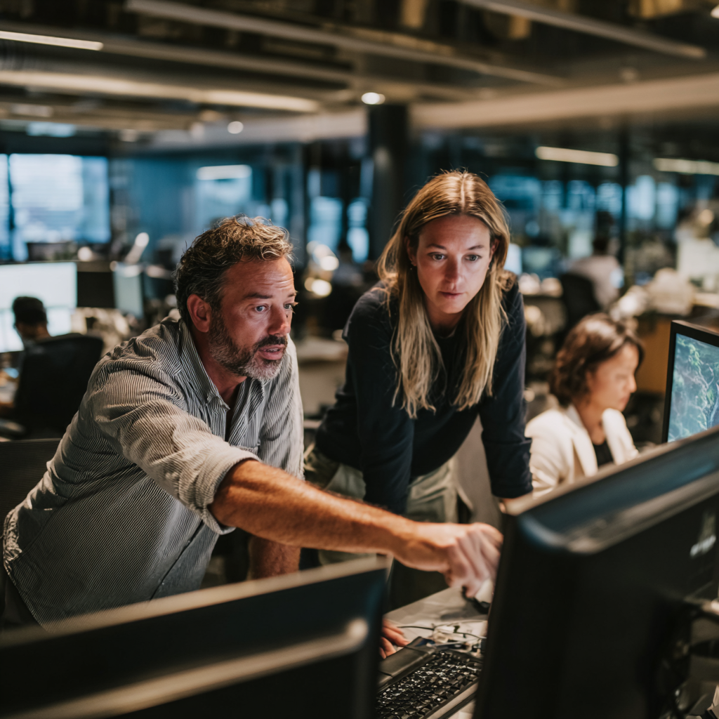 Two editors reviewing content on a shared monitor in an open-plan newsroom, one pointing at the screen during a conversation.