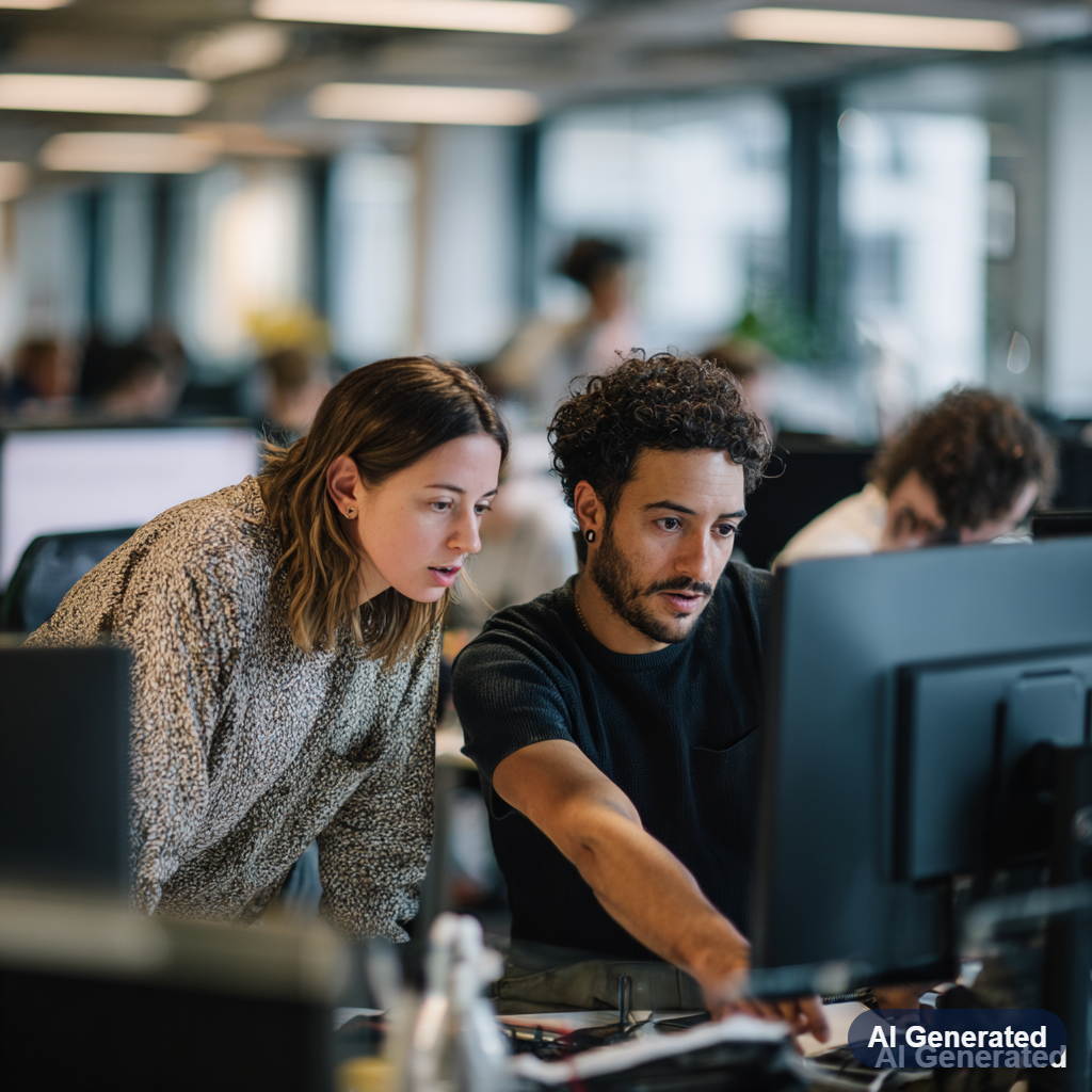 two developers at a computer working AI generated image