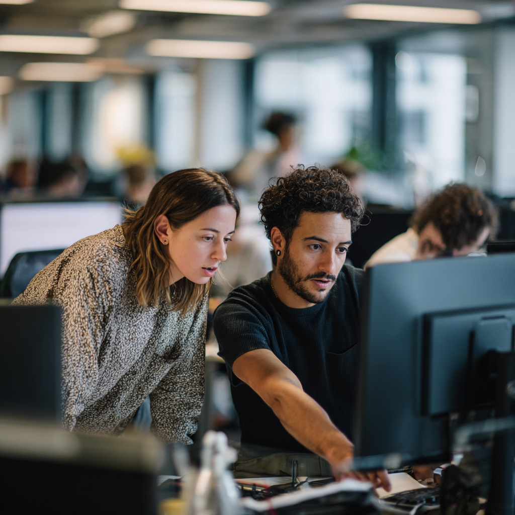 two developers at a computer working AI generated image