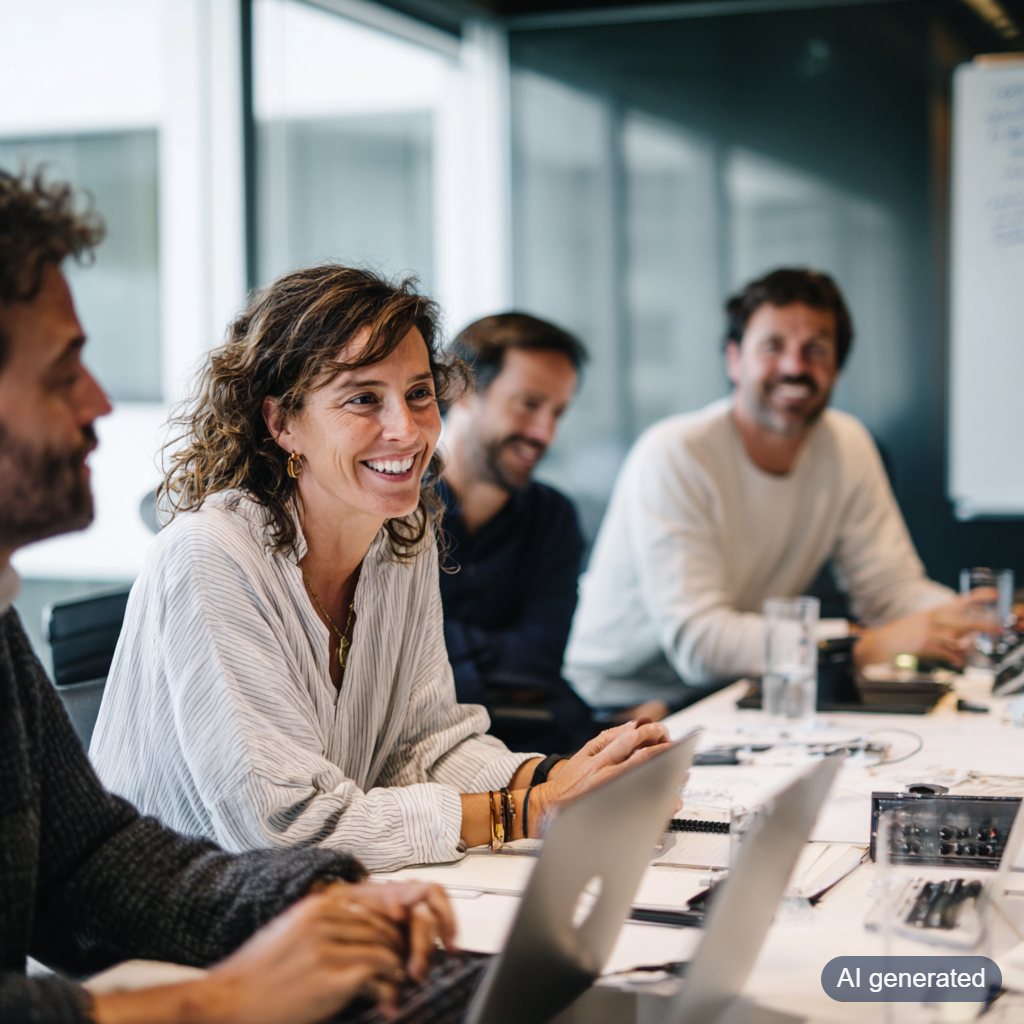 Editorial meeting in a modern newsroom, white board for planning, business casual team around a table with laptops and natural window light, warm candid moment, people smiling and engaged in discussion, shallow depth of field, photorealistic, clean minimal aesthetic AI generated
