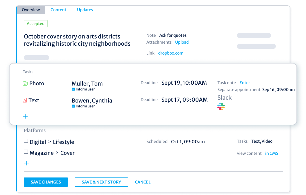 Central storage of all relevant information related to a story within a single view