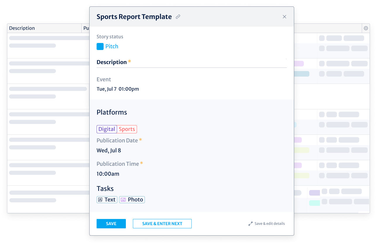 Kordiam story template showing a reusable template for editorial sports story planning