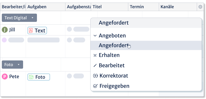 Tasks page with customizable status for IN