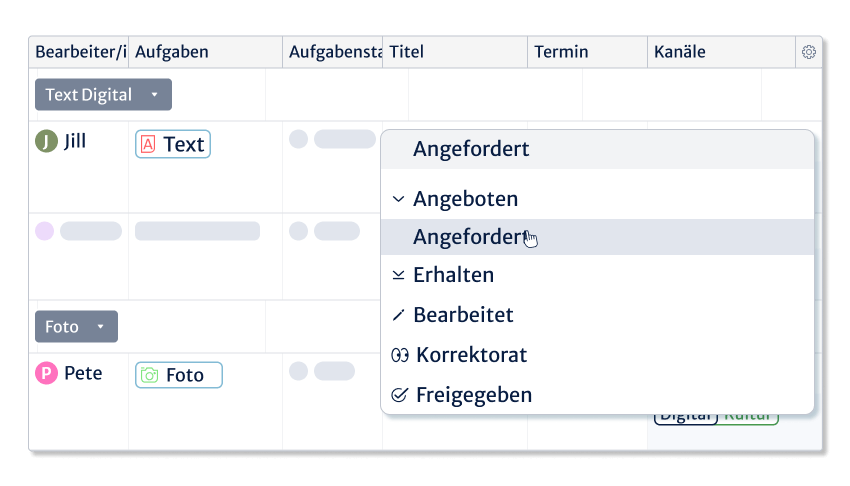 Anpassbare status in Redaktionsplanungs-Tool Kordiam